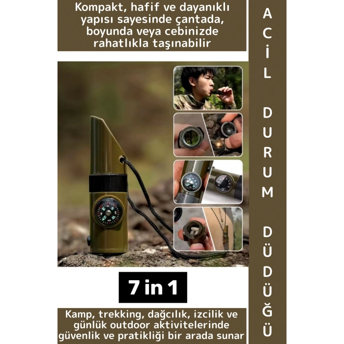 Premium Kamp Outdoor Dağcılık Büyüteç Pusula Fener Termometre Kibrit İğne Acil Durum Düdüğü 7 in 1