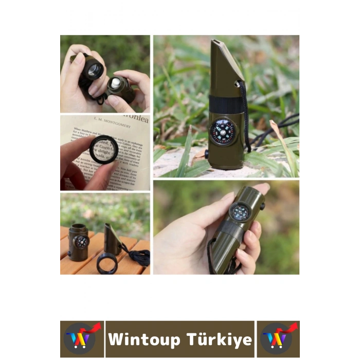 Premium Kamp Outdoor Dağcılık Büyüteç Pusula Fener Termometre Kibrit İğne Acil Durum Düdüğü 7 in 1