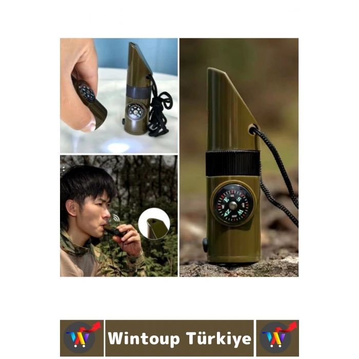 Premium Kamp Outdoor Dağcılık Büyüteç Pusula Fener Termometre Kibrit İğne Acil Durum Düdüğü 7 in 1