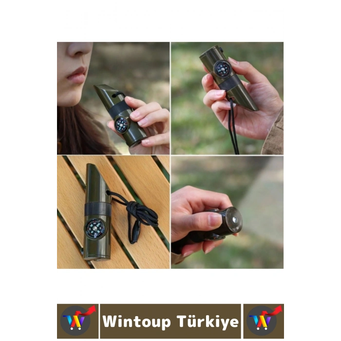 Premium Kamp Outdoor Dağcılık Büyüteç Pusula Fener Termometre Kibrit İğne Acil Durum Düdüğü 7 in 1