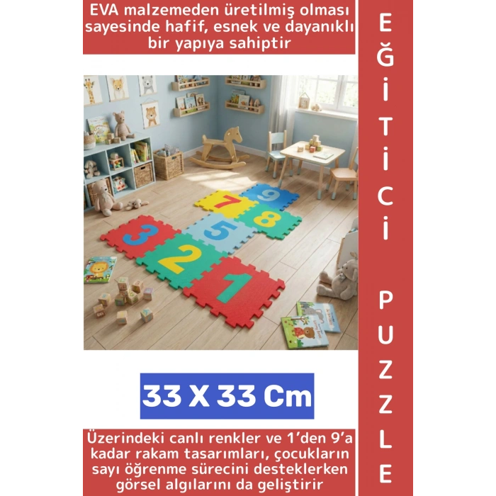 Ev Kreş Çocuk Odası Görsel Algı Eğitici Dayanıklı Esnek Canlı Renk Sayılar Puzzle Yer Matı 9 Parça