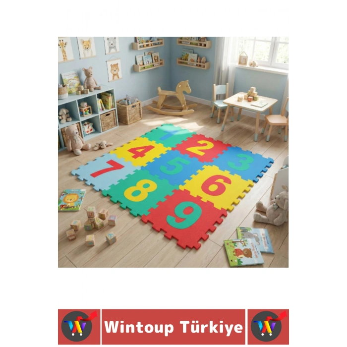 Ev Kreş Çocuk Odası Görsel Algı Eğitici Dayanıklı Esnek Canlı Renk Sayılar Puzzle Yer Matı 9 Parça
