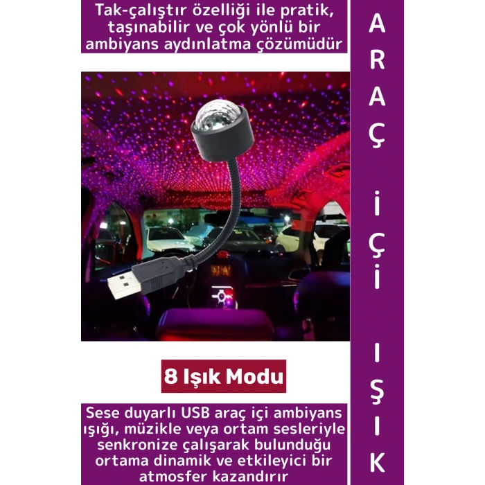 Ev Ofis Kamp 8 Farklı Işık Modu Sese Duyarlı Pratik Tak Çalıştır Çok Şık USB Araç İçi Ambiyans Işığı