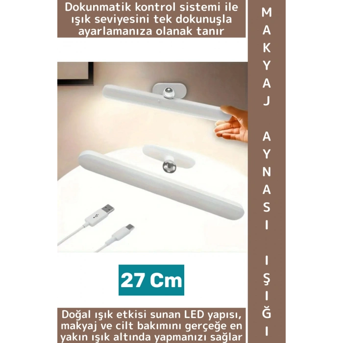 Taşınabilir Ev Ofis Seyahat Tipi Zarif Estetik Dokunmatik USB Şarjlı LED Makyaj Aynası Işığı 27 Cm