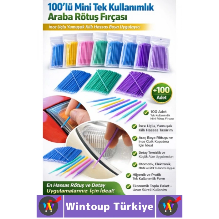 İnce Uç Yumuşak Kıl Boya Çizik Kapama Temizlik Mini Tek Kullanımlık Esnek Araba Rötuş Fırçası 100lü