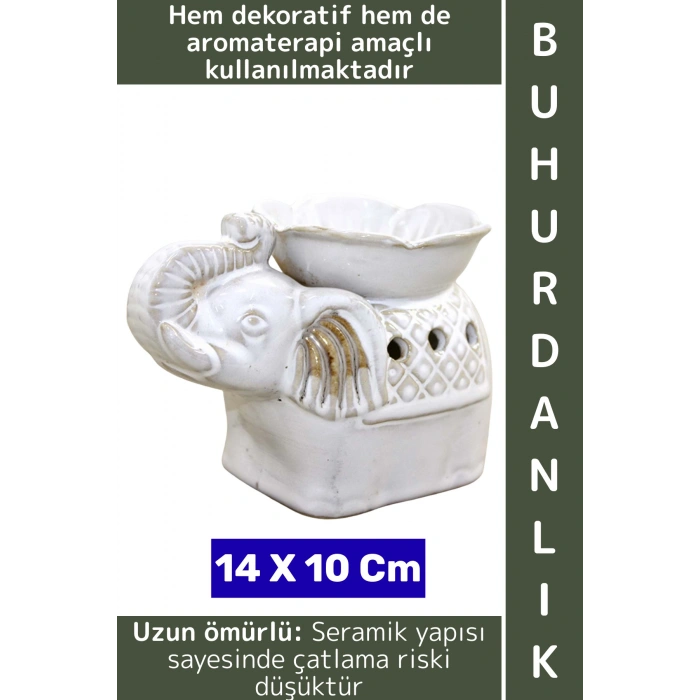 Dekoratif Hediye Aromaterapi Meditasyon Tütsülük Şık Seramik Fil Tasarımlı Buhurdanlık 14 X 10 Cm