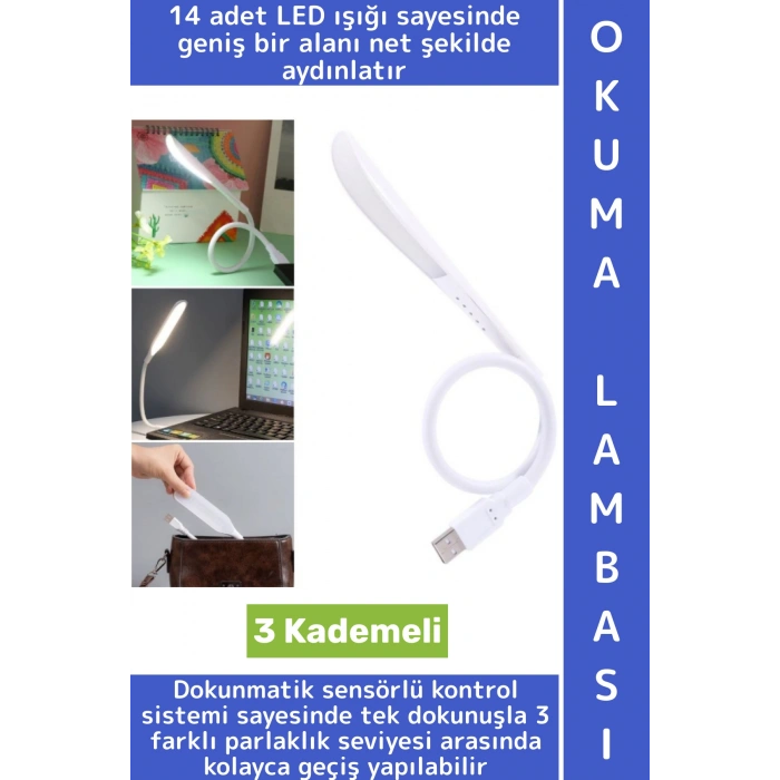 Premium Dayanıklı Esnek Kitap Bilgisayar Başı Kompakt 14 Led 3 Kademeli USB Dokunmatik Okuma Lambası