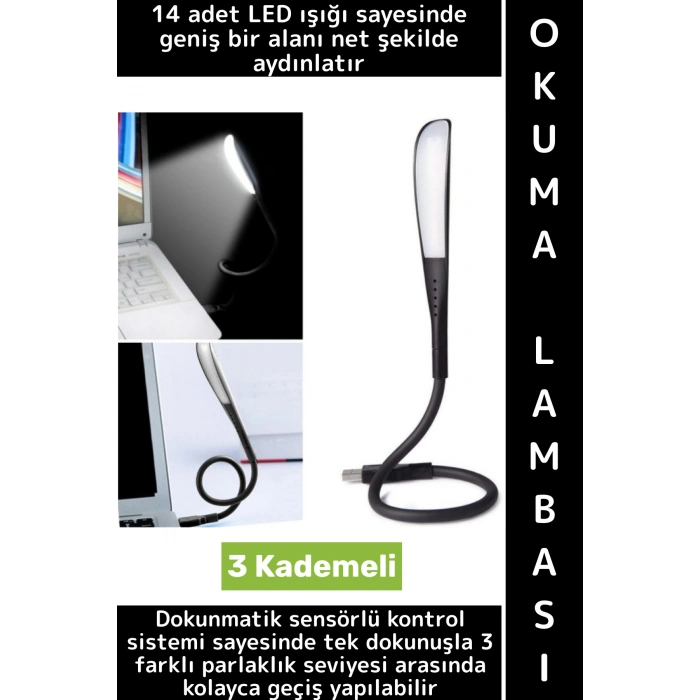 Premium Dayanıklı Esnek Kitap Bilgisayar Başı Kompakt 14 Led 3 Kademeli USB Dokunmatik Okuma Lambası