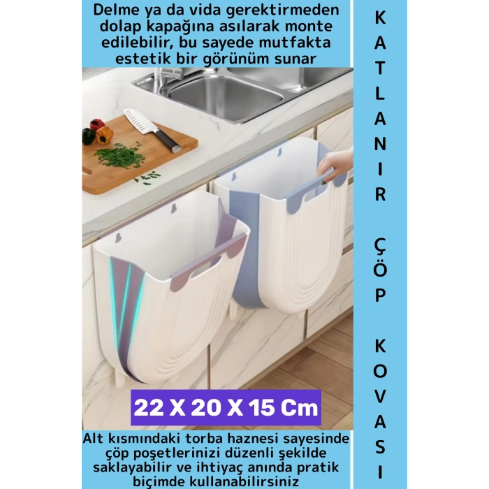 Kompakt Montajsız Mutfak Ofis Kamp Karavan Kapağa Takılabilen Torba Hazneli Katlanabilir Çöp Kovası