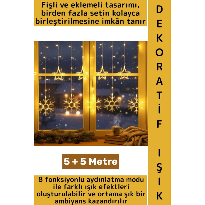 Dış Mekan Balkon Vitrin Süsleme 8 Mod Fişli Eklemeli 5+5 Metre 10 Saçaklı Kar Tanesi Perde LED Işık