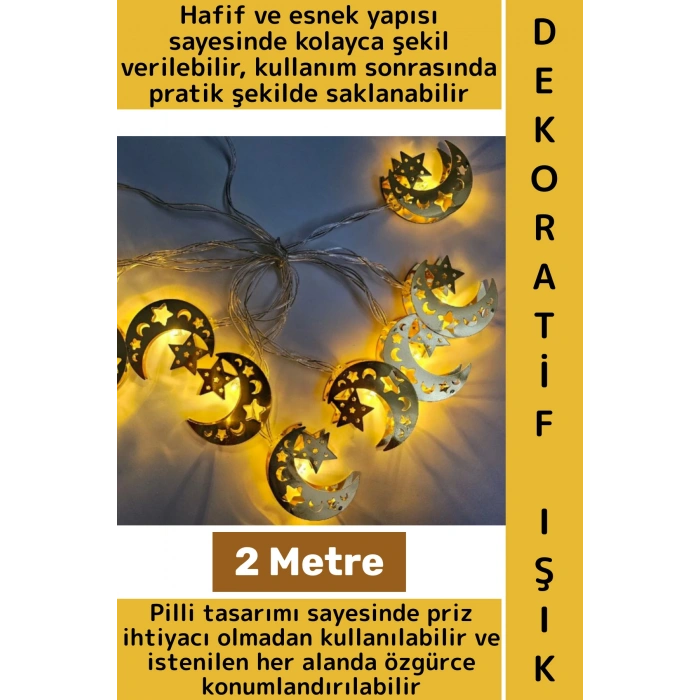 Ev Dekorasyonu Mağaza Vitrin Süsleme Şık Estetik Ay Yıldız Figürü Dekoratif Ramazan LED Işık 2 Metre