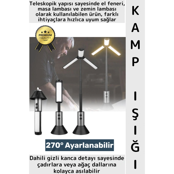Outdoor Fener Masa Lambası Tasarımlı Piknik Çadıra Asılabilir Şarj Edilebilir Teleskopik Kamp Işığı