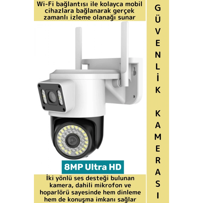 Dış Mekan İş Yeri Gece Görüş İki Yön Ses Hareket Algı 8MP Ultra HD Wifi Çift Lens Güvenlik Kamerası