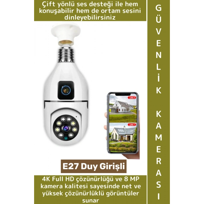 Ev Çocuk Odası Gece Görüş İki Yön Ses Full HD Çift Lensli E27 Duy Girişi Kablosuz Wi-Fi Ampul Kamera