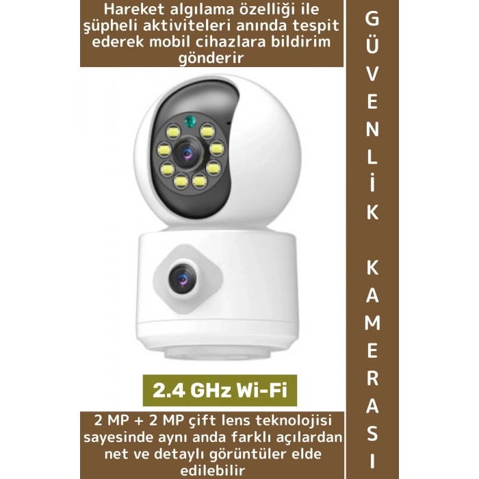 İç Mekan Ev Gece Görüş İki Yön Ses Hareket Algı Uyarı Bildirim Wi-Fi Çift Lensli Güvenlik Kamerası