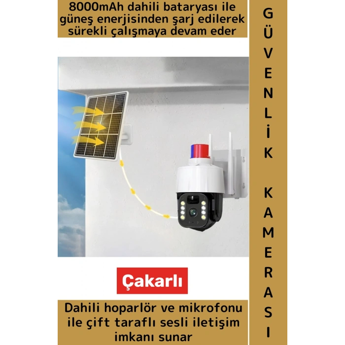 Dış Mekan Ofis İş Yeri Mobil Bildirim Hareket Algı Alarmlı Çakarlı Güneş Enerjili Güvenlik Kamerası