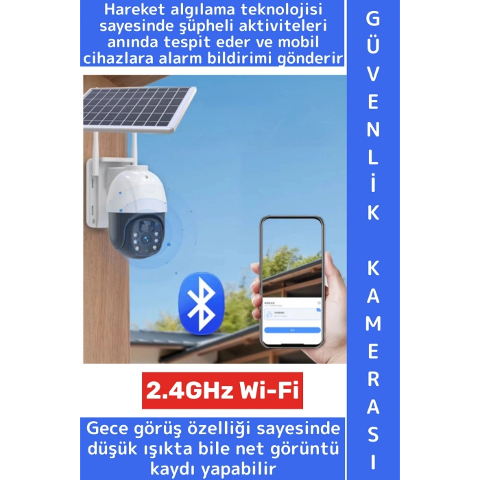Dış Mekan Ofis İş Yeri Mobil Bildirim Hareket Algı 2.4GHz Wi-Fi Güneş Enerjili Şık Güvenlik Kamerası