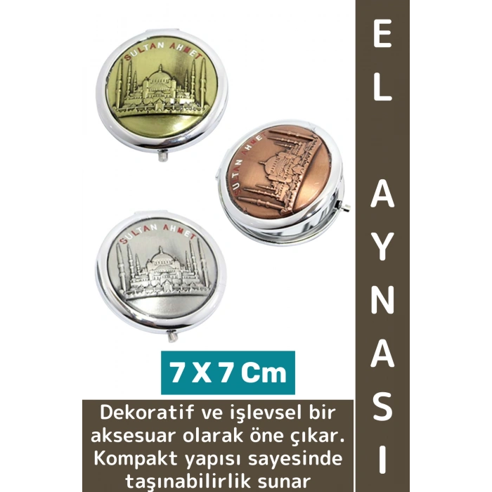 Çanta Cep Boy Dekoratif Hediyelik Çok Şık Estetik Kabartmalı İstanbul Temalı Metal El Aynası 7 Cm