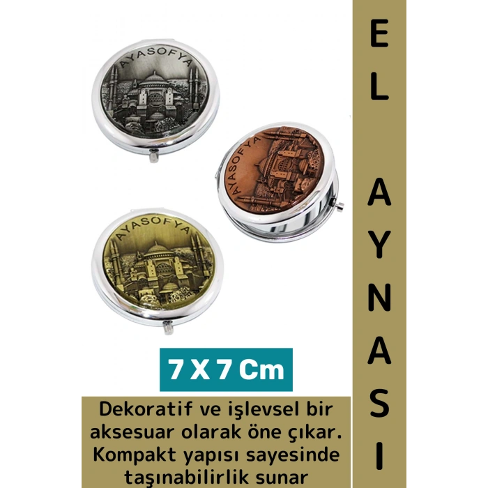 Çanta Cep Boy Dekoratif Hediyelik Çok Şık Estetik Kabartmalı Ayasofya Temalı Metal El Aynası 7 Cm