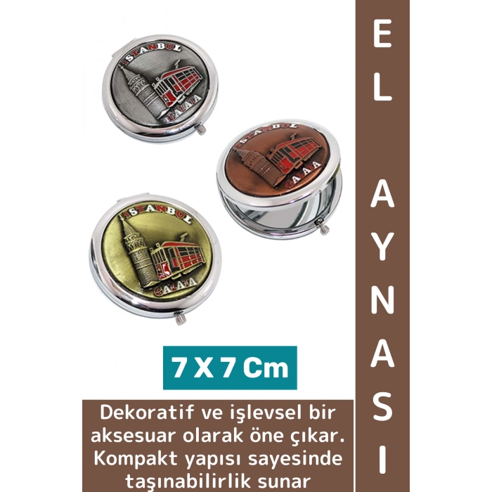 Çanta Cep Boy Dekoratif Hediyelik Çok Şık Estetik Kabartmalı İstanbul Motifli Metal El Aynası 7 Cm