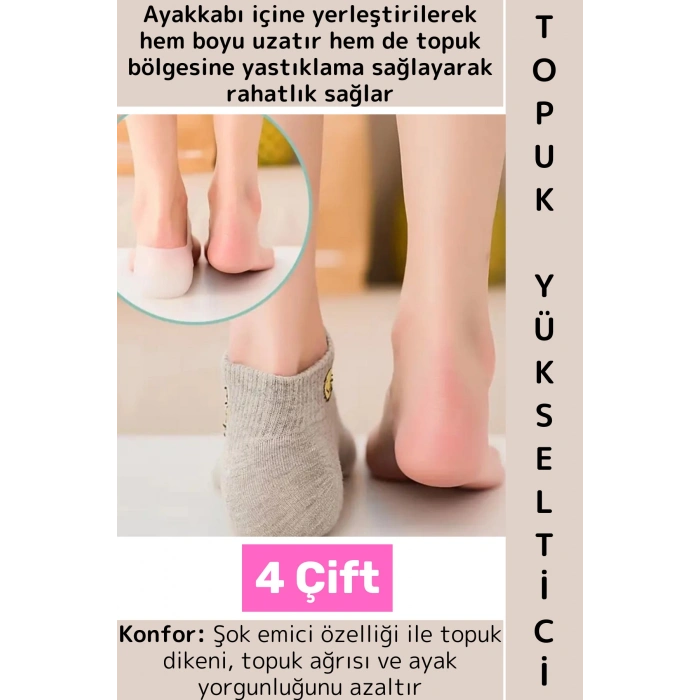 Ayakkabı İçinde Belli Olmaz Rahat Konforlu Boy Uzatıcı Esnek Silikon Ayak Topuk Yükseltici 4 Çift