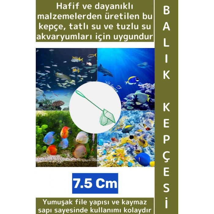 Dayanıklı Kaymaz Sap Hafif Yumuşak Fileli Tatlı Tuzlu Su Uyumlu Pratik Akvaryum Balık Kepçesi 7.5 Cm