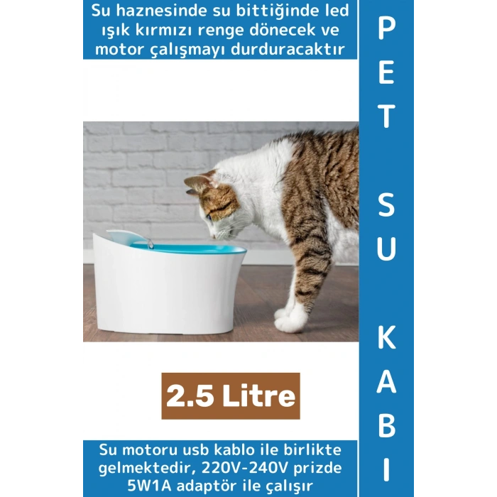 Evcil Hayvan Sessiz Çalışma Geniş Hazneli Aktif Karbon Filtre Otomatik Uyarılı Kedi Köpek Su Kabı