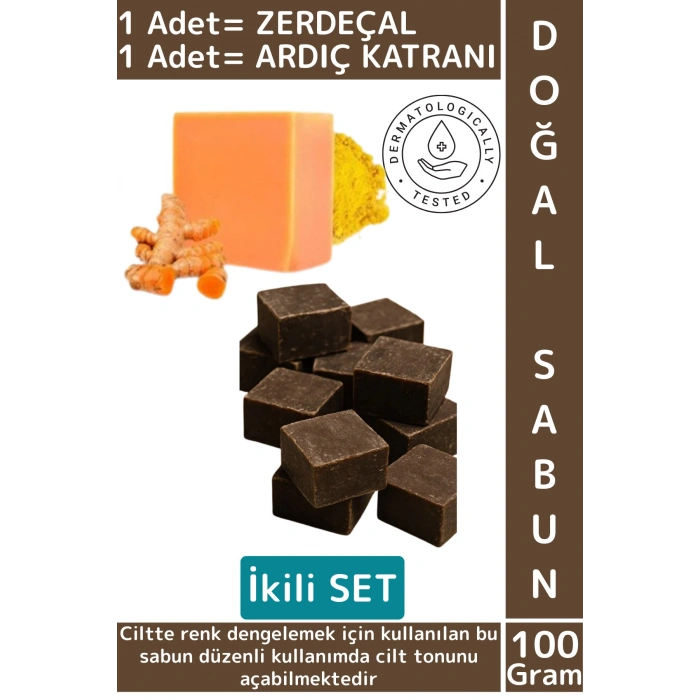 #DoğalSabun Bitkisel Organik Tüm Cilt Tipleri Yüz El Saç İçin Uygun Zerdeçal Ardıç Katranı İkili Set