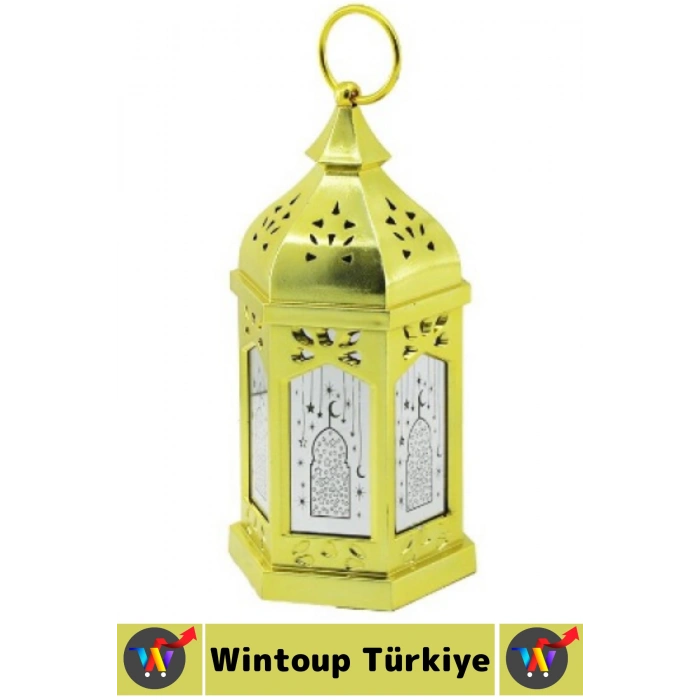 #LedIşık Ramazan Masa Süsleme Hediye Dekoratif Osmanlı Büyük Boy Altıgen Kubbe Gold Pilli LED Lamba