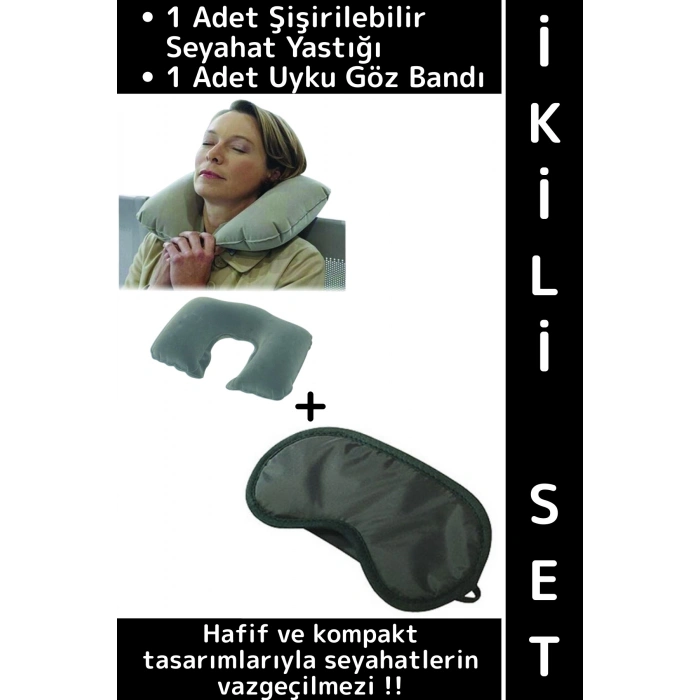 #SeyahatSeti Kompakt Araç İçi Rahat Yolculuk Şişirilebilir Boyun Yastığı Uyku Göz Bandı İkili Set