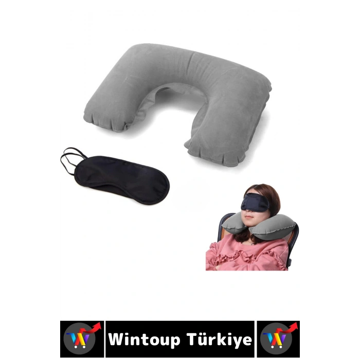 #SeyahatSeti Kompakt Araç İçi Rahat Yolculuk Şişirilebilir Boyun Yastığı Uyku Göz Bandı İkili Set