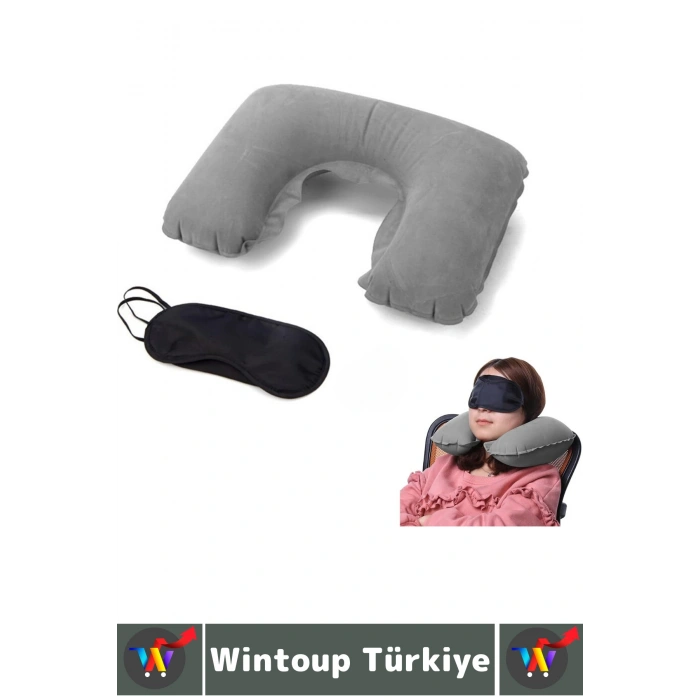 #SeyahatSeti Kompakt Araç İçi Rahat Yolculuk Şişirilebilir Boyun Yastığı Uyku Göz Bandı Dörtlü Set