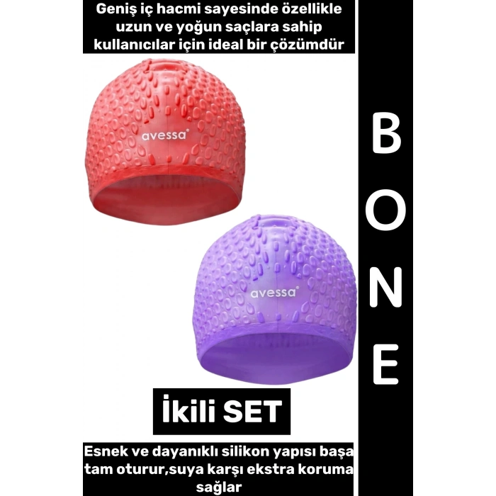 #Bone Esnek Yumuşak Silikon Havuz Deniz Yüzme Kulağa Su Geçirmez Büyük Beden Saç Bonesi İkili SET