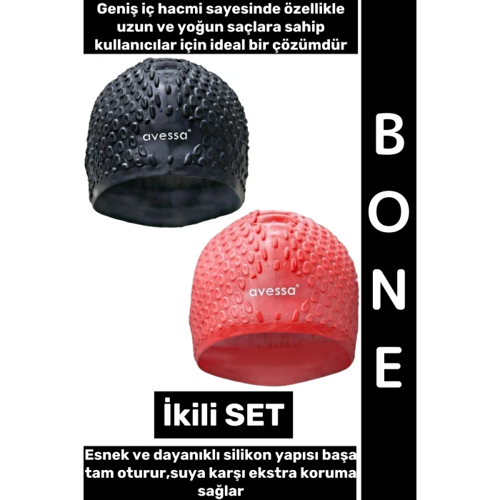 #Bone Esnek Yumuşak Silikon Havuz Deniz Yüzme Kulağa Su Geçirmez Büyük Beden Saç Bonesi İkili SET