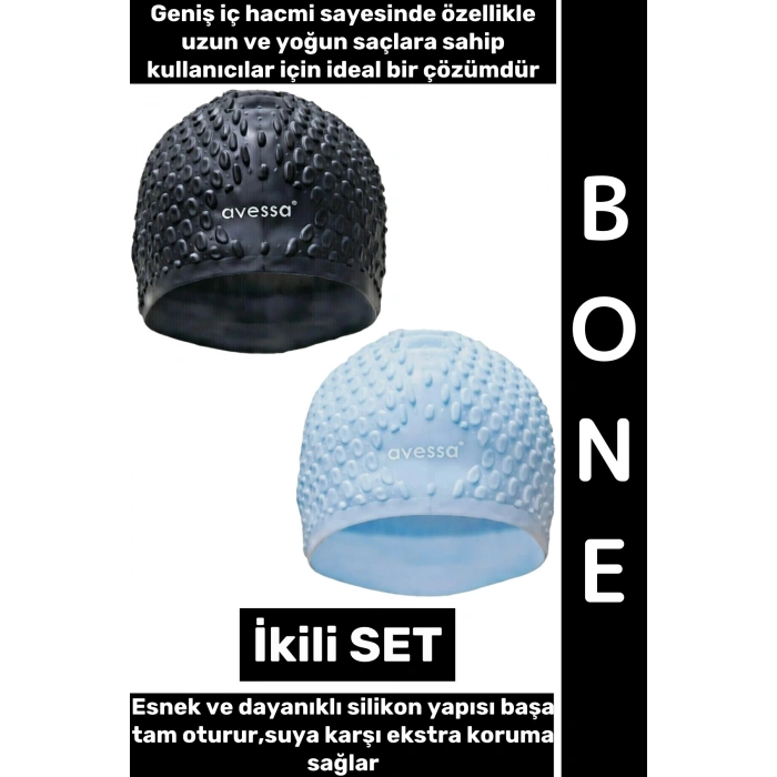 #Bone Esnek Yumuşak Silikon Havuz Deniz Yüzme Kulağa Su Geçirmez Büyük Beden Saç Bonesi İkili SET