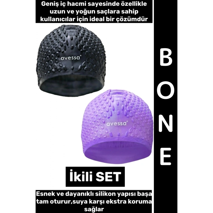 #Bone Esnek Yumuşak Silikon Havuz Deniz Yüzme Kulağa Su Geçirmez Büyük Beden Saç Bonesi İkili SET