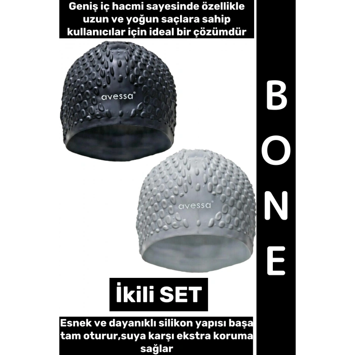 #Bone Esnek Yumuşak Silikon Havuz Deniz Yüzme Kulağa Su Geçirmez Büyük Beden Saç Bonesi İkili SET