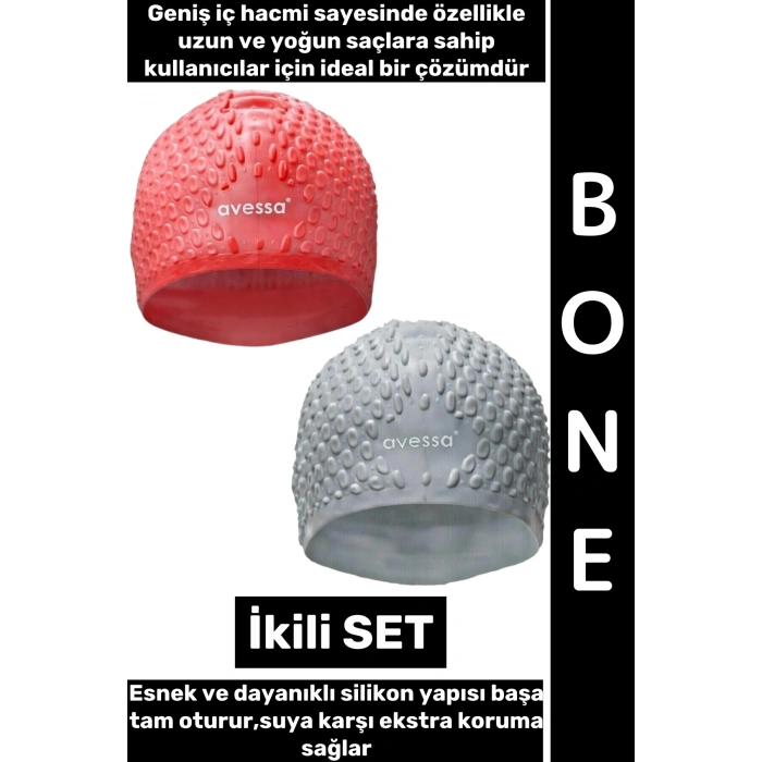 #Bone Esnek Yumuşak Silikon Havuz Deniz Yüzme Kulağa Su Geçirmez Büyük Beden Saç Bonesi İkili SET