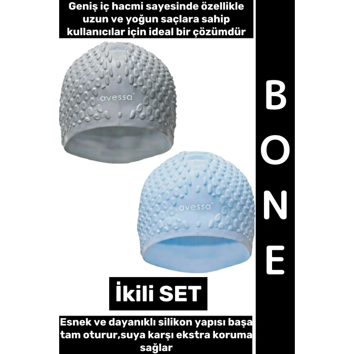 #Bone Esnek Yumuşak Silikon Havuz Deniz Yüzme Kulağa Su Geçirmez Büyük Beden Saç Bonesi İkili SET