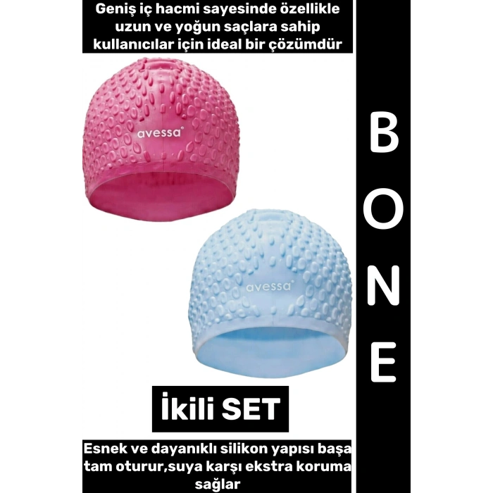 #Bone Esnek Yumuşak Silikon Havuz Deniz Yüzme Kulağa Su Geçirmez Büyük Beden Saç Bonesi İkili SET