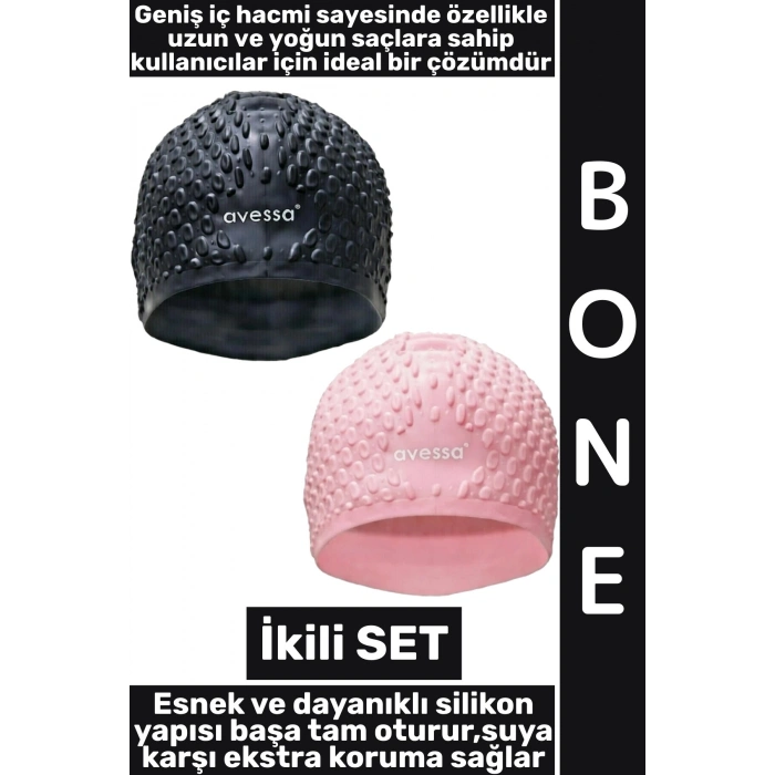 #Bone Yumuşak Elastik Silikon Havuz Deniz Yüzme Kulağa Su Kaçırmaz Büyük Beden Saç Bonesi İkili SET