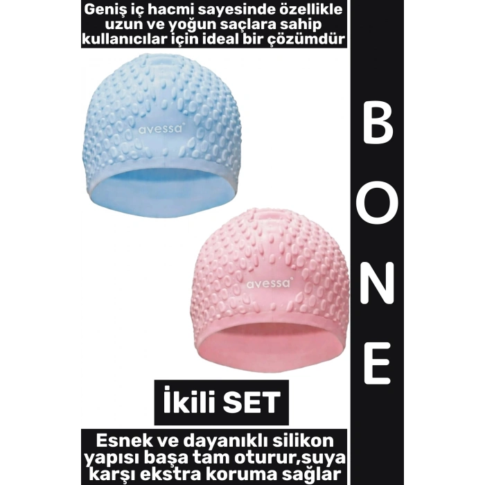 #Bone Yumuşak Elastik Silikon Havuz Deniz Yüzme Kulağa Su Kaçırmaz Büyük Beden Saç Bonesi İkili SET