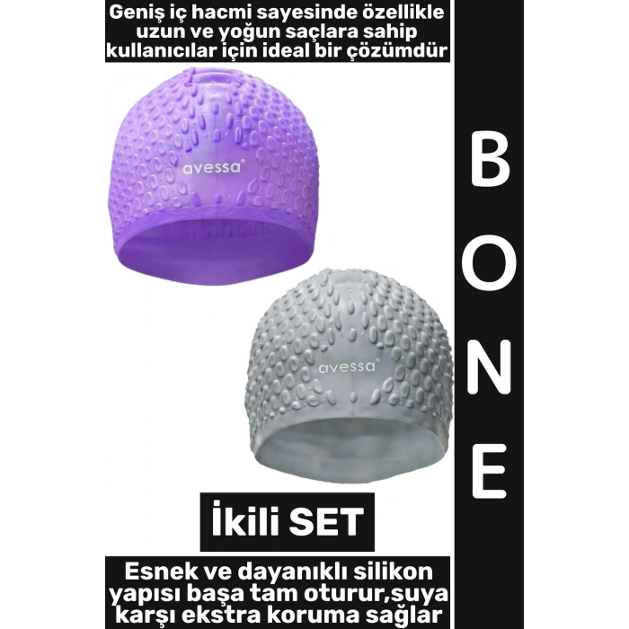 #Bone Yumuşak Elastik Silikon Havuz Deniz Yüzme Kulağa Su Kaçırmaz Büyük Beden Saç Bonesi İkili SET