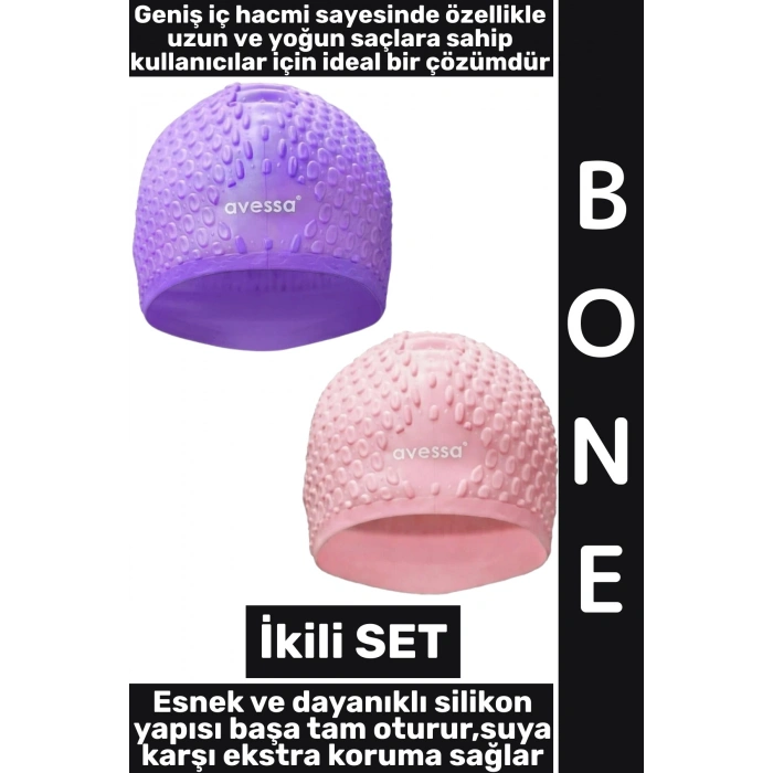 #Bone Yumuşak Elastik Silikon Havuz Deniz Yüzme Kulağa Su Kaçırmaz Büyük Beden Saç Bonesi İkili SET