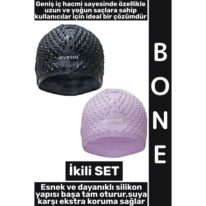 #Bone Yumuşak Elastik Silikon Havuz Deniz Yüzme Kulağa Su Kaçırmaz Büyük Beden Saç Bonesi İkili SET