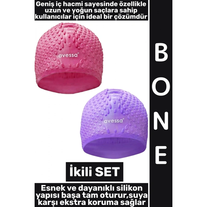 #Bone Yumuşak Havuz Deniz Yüzme Kulağa Su Kaçırmaz Elastik Silikon Büyük Beden Saç Bonesi İkili SET
