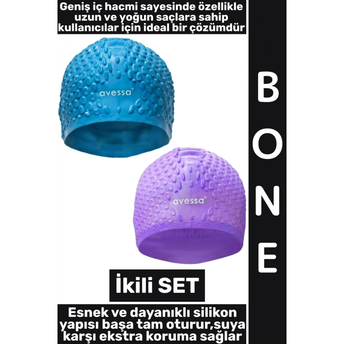 #Bone Yumuşak Havuz Deniz Yüzme Kulağa Su Kaçırmaz Elastik Silikon Büyük Beden Saç Bonesi İkili SET