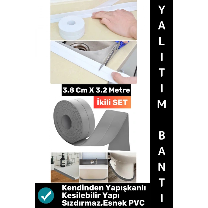 #BantSeti Mutfak Lavabo Pencere Sızdırmaz Kenar Yalıtım Bandı Çok Şık Beyaz-Gri 3.2 Metre İkili Set