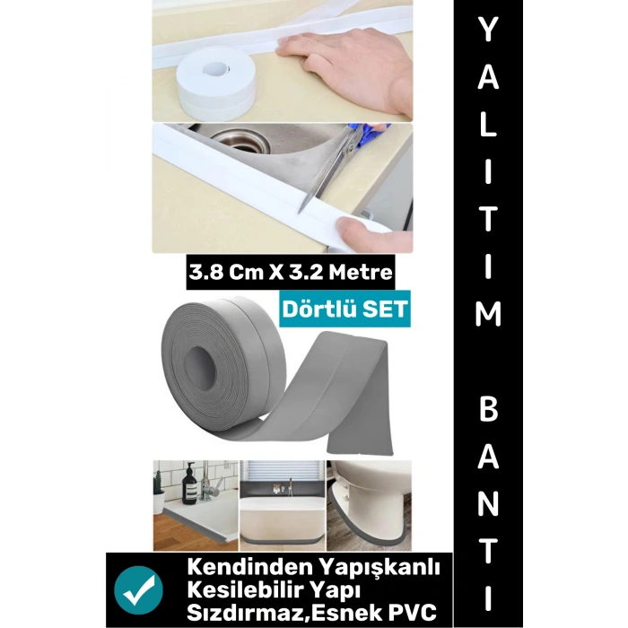#BantSeti Mutfak Lavabo Pencere Sızdırmaz Kenar Yalıtım Bandı Çok Şık Beyaz-Gri 3.2 Metre Dörtlü Set