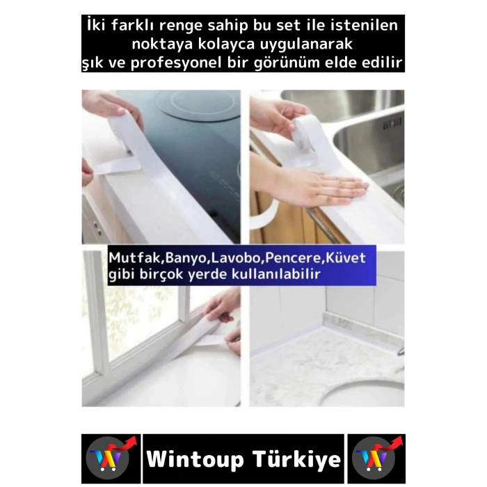 #BantSeti Mutfak Lavabo Pencere Sızdırmaz Kenar Yalıtım Bandı Çok Şık Beyaz-Gri 3.2 Metre Dörtlü Set